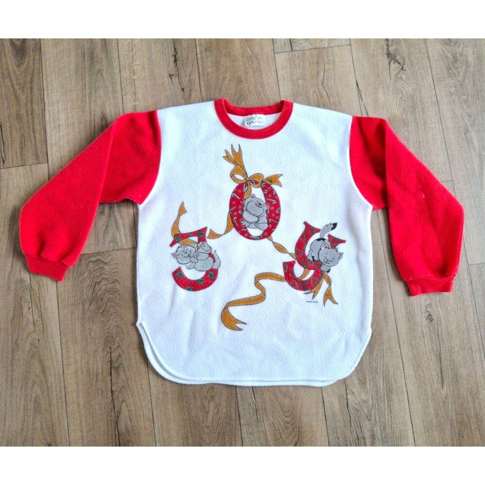 Vintage Day In Day Out Christmas Cats JOY Holiday Red White Sweater Size Large